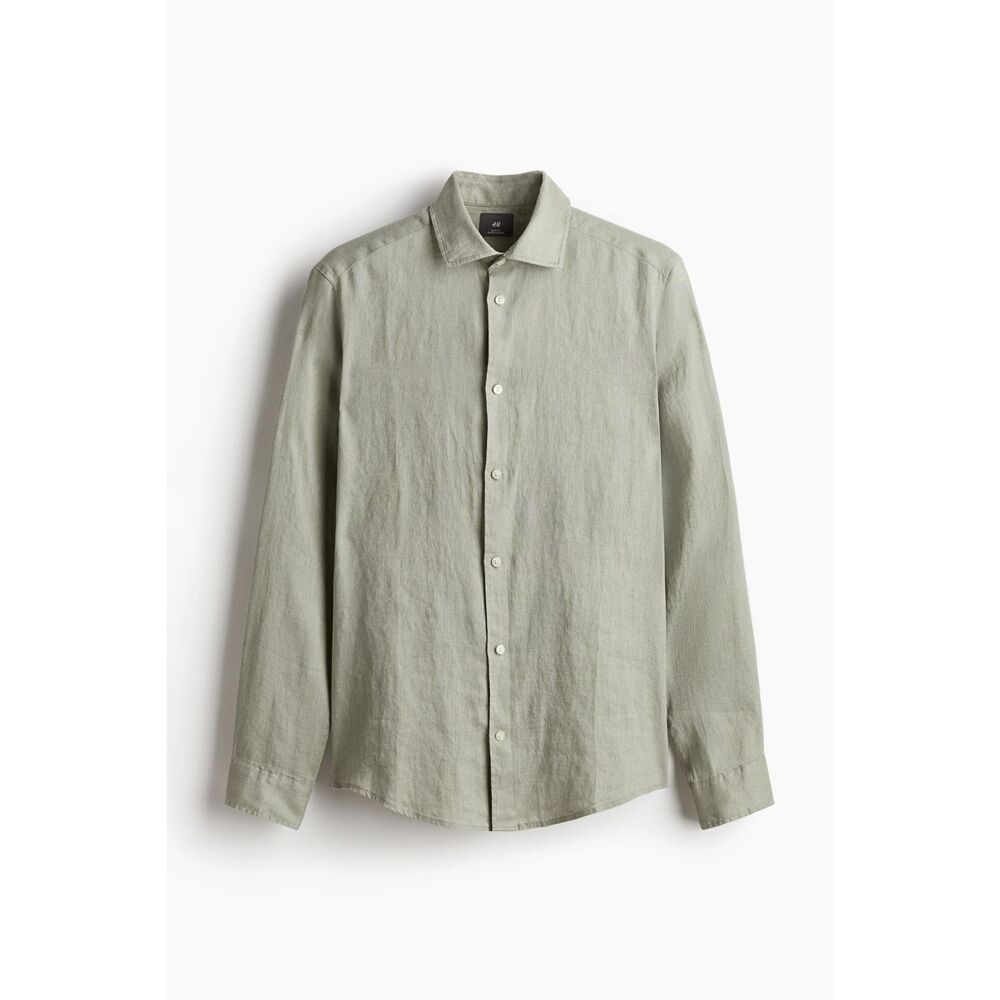 H&M Regular Fit Linen Shirt Sage Green Medium